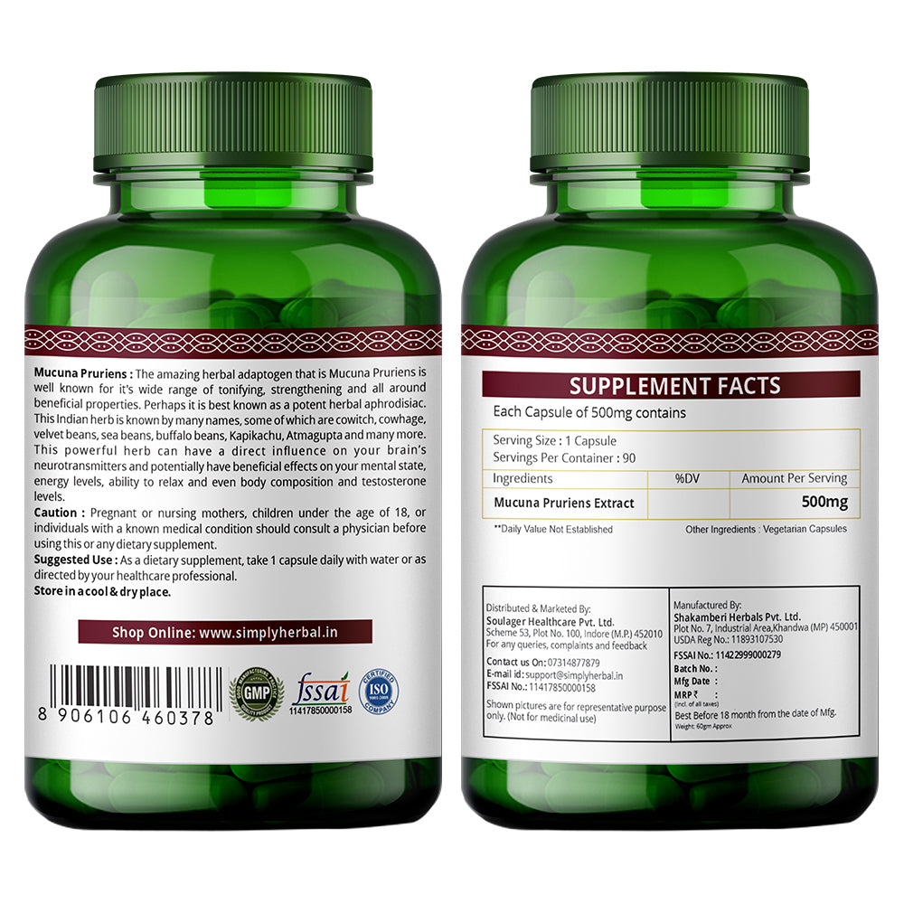 Simply Herbal Mucuna Pruriens (Kaunch Beej) Extract Nervous & Immune System 500mg -90 Capsules