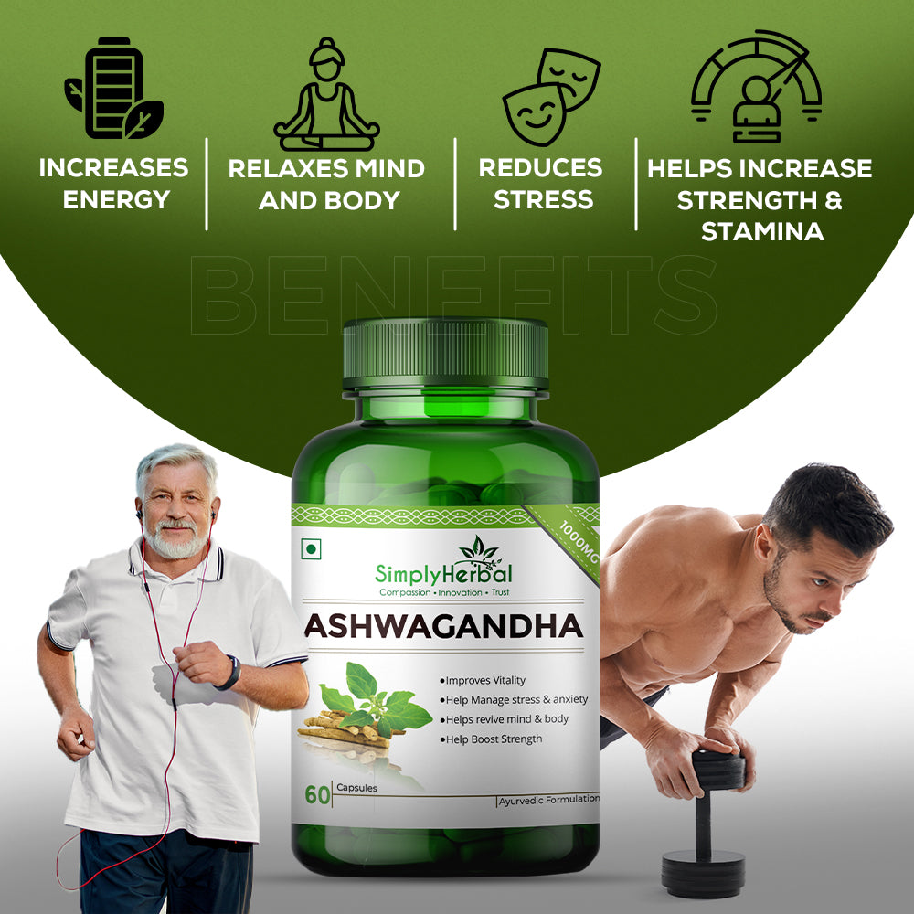 Simply Herbal Ashwagandha General Wellness, Vitality, Manage Stress & Anxiety 1000mg -60 Capsules