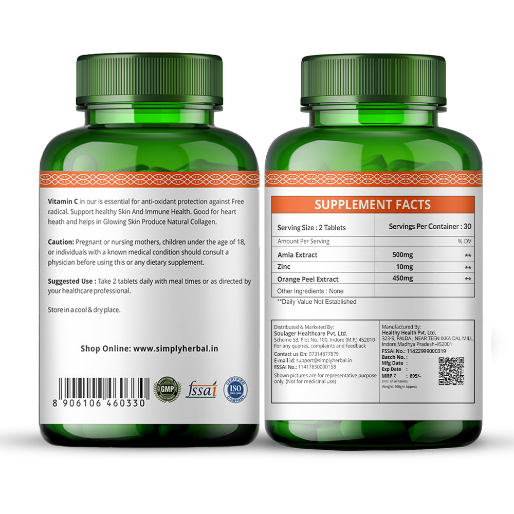 Simply Herbal Vitamin-C for Glowing Skin, Bone & Immune Health 1000mg - 60 Tablets