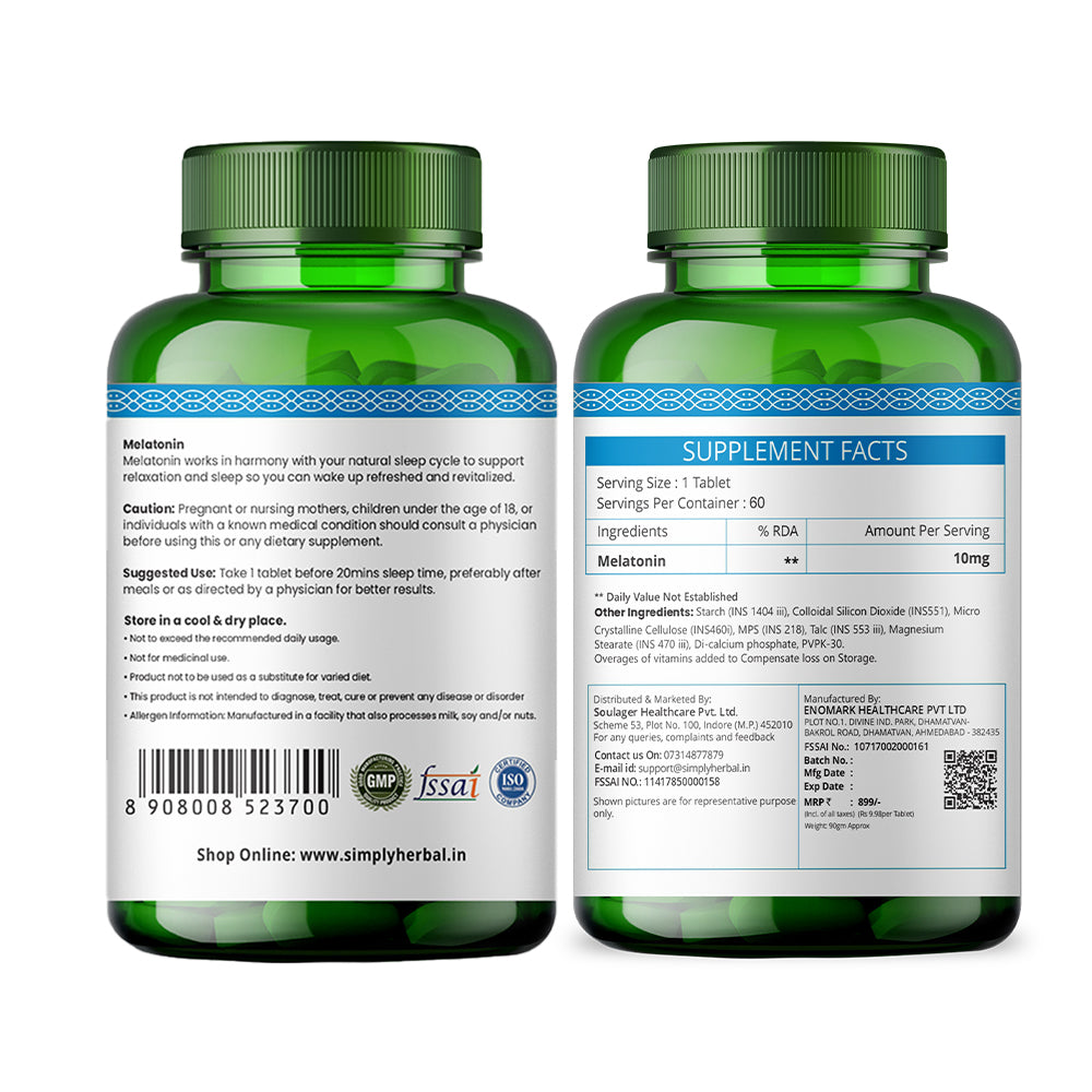 Simply Herbal Melatonin 10mg Sleeping Aid Healthy Sleep Cycle-60 Tablets
