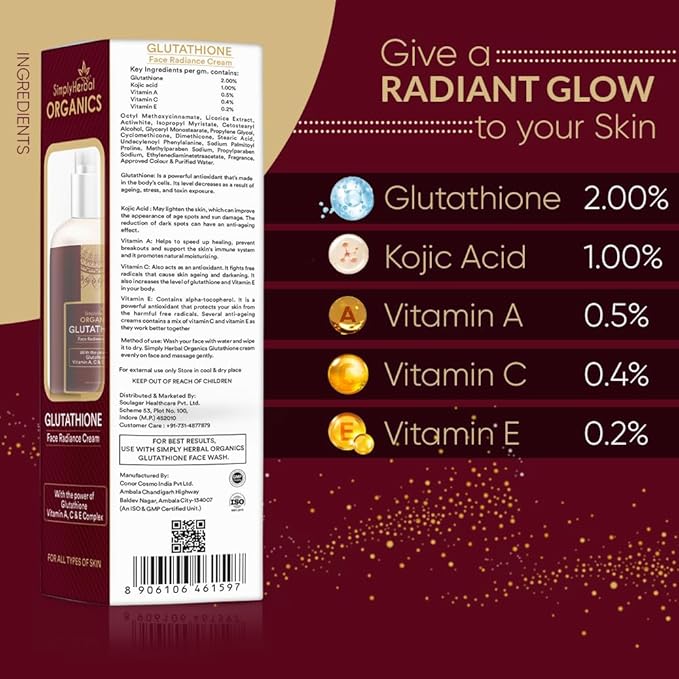 Simply Herbal L-Glutathione Skin Brightening Whitening Cream With Vitamin A, C, & E Complex -50gm