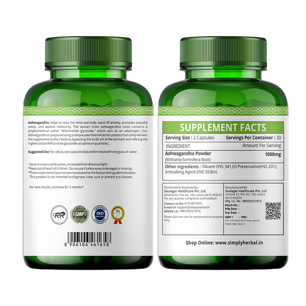 Simply Herbal Ashwagandha 1000mg – Natural Stress Relief, Energy & Immunity Support – 60 Capsules