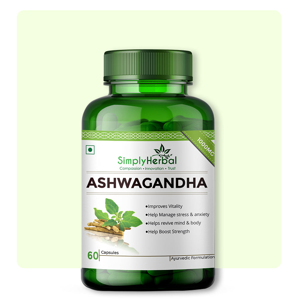 Simply Herbal Ashwagandha General Wellness, Vitality, Manage Stress & Anxiety 1000mg -60 Capsules