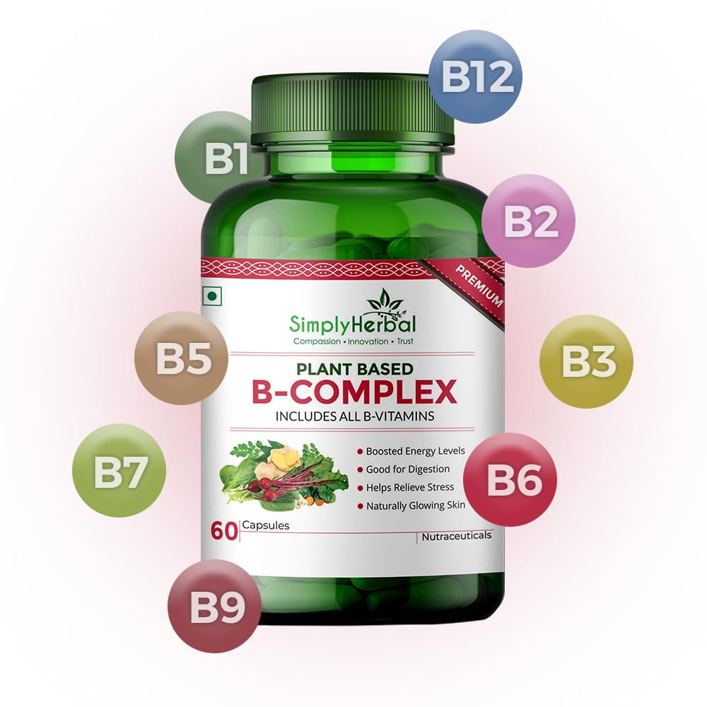 Simply Herbal Plant-Based Vitamin B Complex 100% RDA B1, B2, B3, B5, B6, B7, B9 & B12 - 60 Capsules