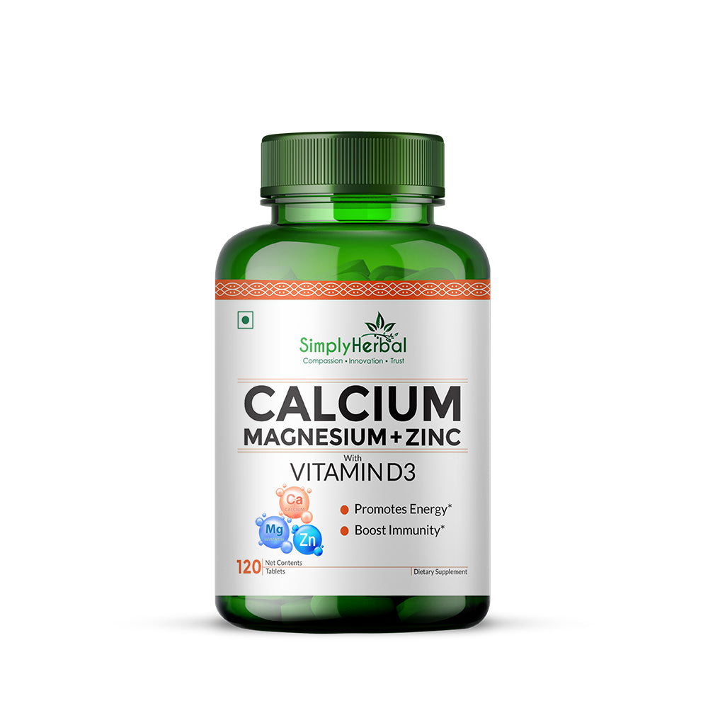 Simply Herbal Calcium Magnesium Zinc with Vitamin D3 & B12 – Bone & Immune Support – 120 Tablets