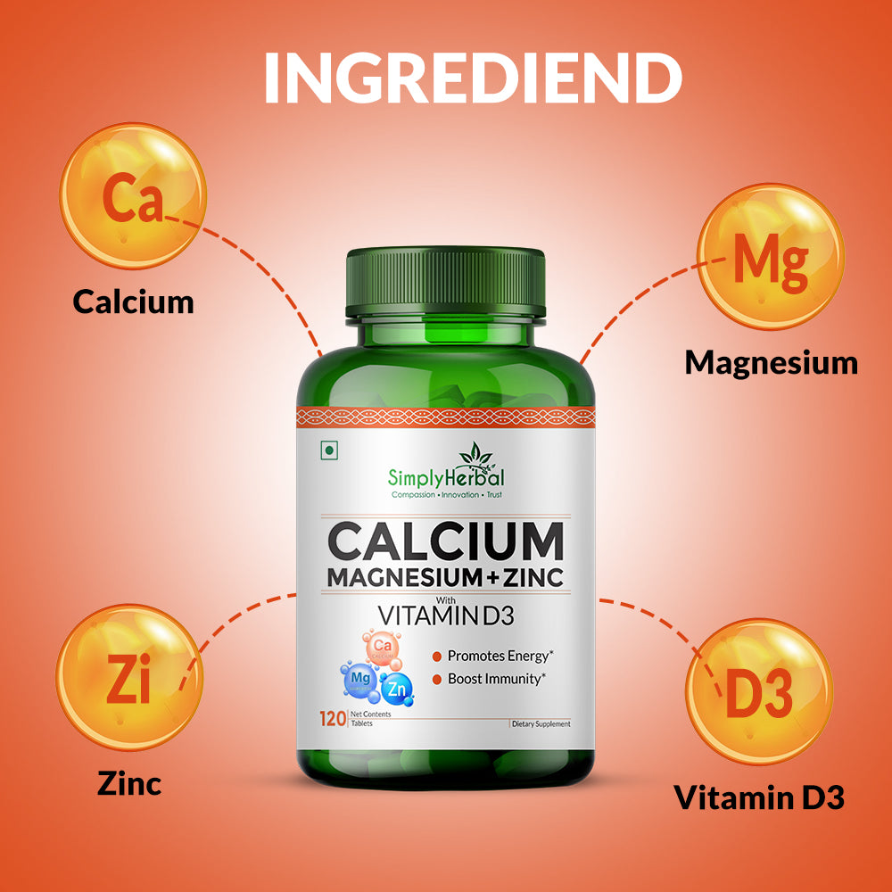 Simply Herbal Calcium Magnesium Zinc with Vitamin D3 & B12 – Bone & Immune Support – 120 Tablets