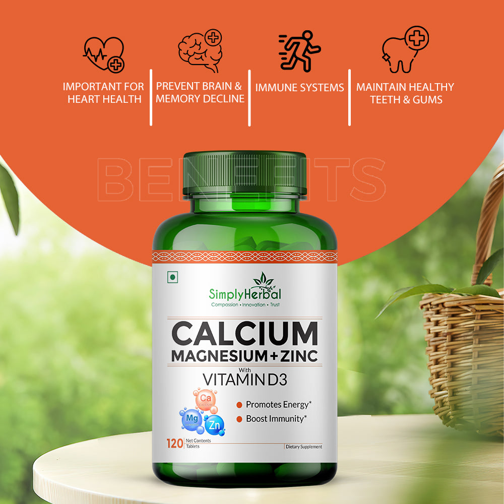 Simply Herbal Calcium Magnesium Zinc with Vitamin D3 & B12 – Bone & Immune Support – 120 Tablets