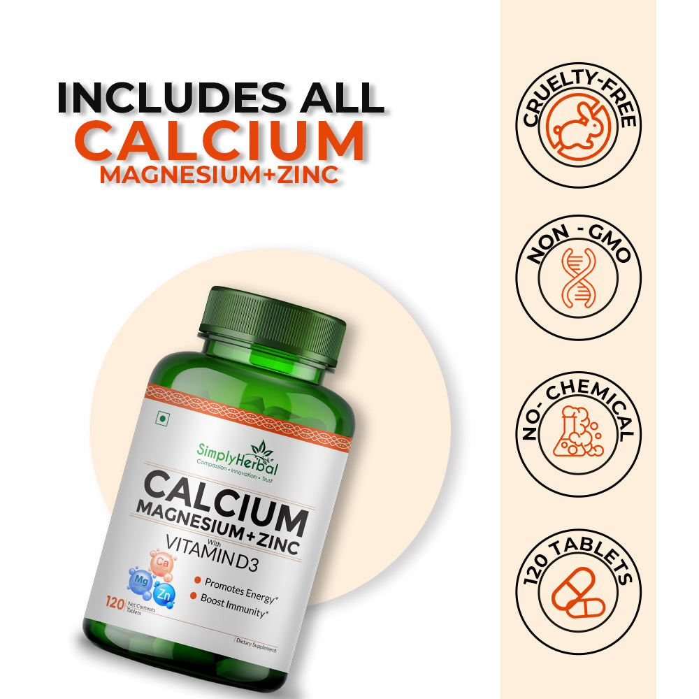 Simply Herbal Calcium Magnesium Zinc with Vitamin D3 & B12 – Bone & Immune Support – 120 Tablets