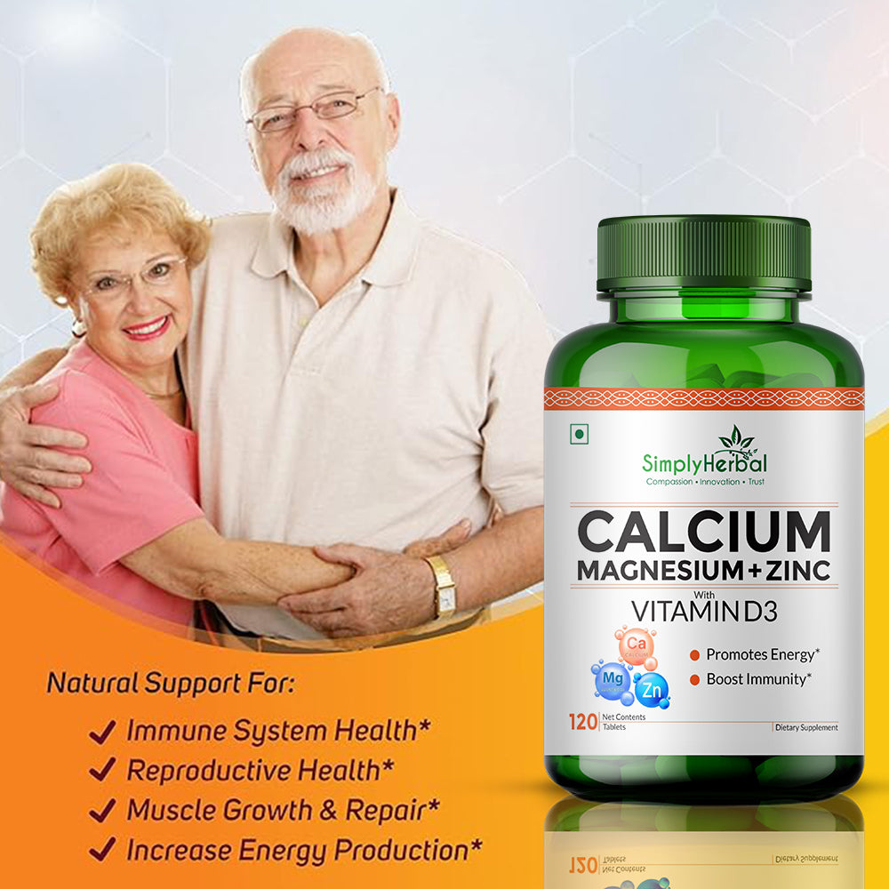 Simply Herbal Calcium Magnesium Zinc with Vitamin D3 & B12 – Bone & Immune Support – 120 Tablets