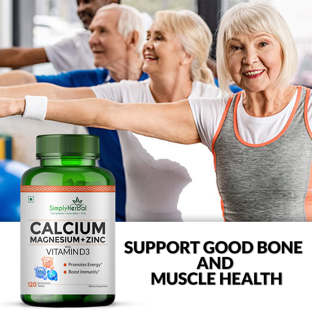 Simply Herbal Calcium Magnesium Zinc with Vitamin D3 & B12 – Bone & Immune Support – 120 Tablets