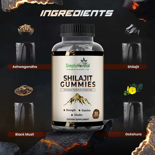 Simply Herbal Shilajit Gummies | With Shilajit Extract, Chicory Root & Ashwagandha | Strength, Stamina & Vitality Support | 30 Gummies | Vegan | Gluten-Free