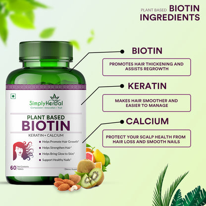 Simply Herbal Plant-Based Biotin With Keratin+Calcium for Hair Nail Skin -60 Tablets