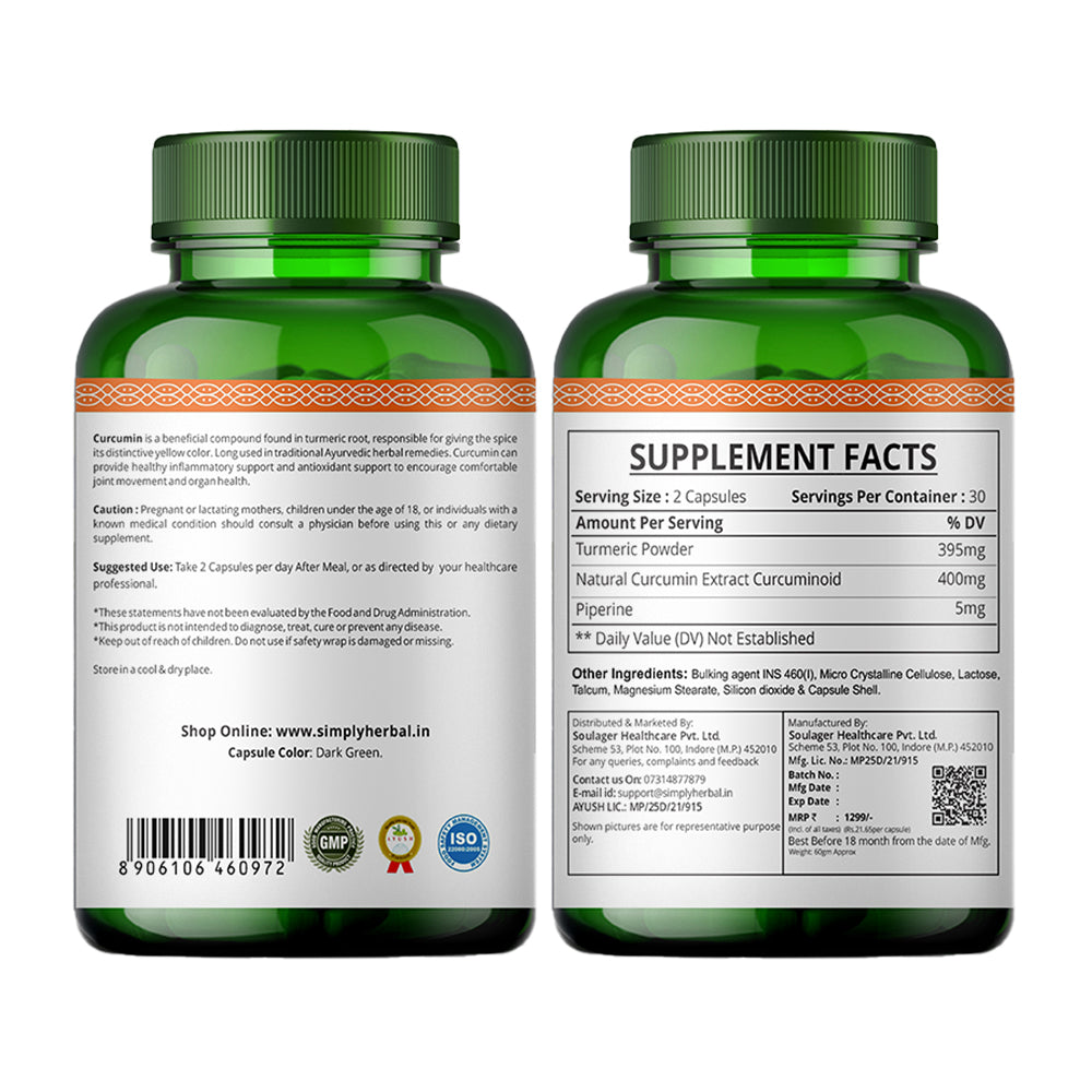Simply Herbal Pure Turmeric Curcumin & Piperine Extract 800mg- 60 Capsules