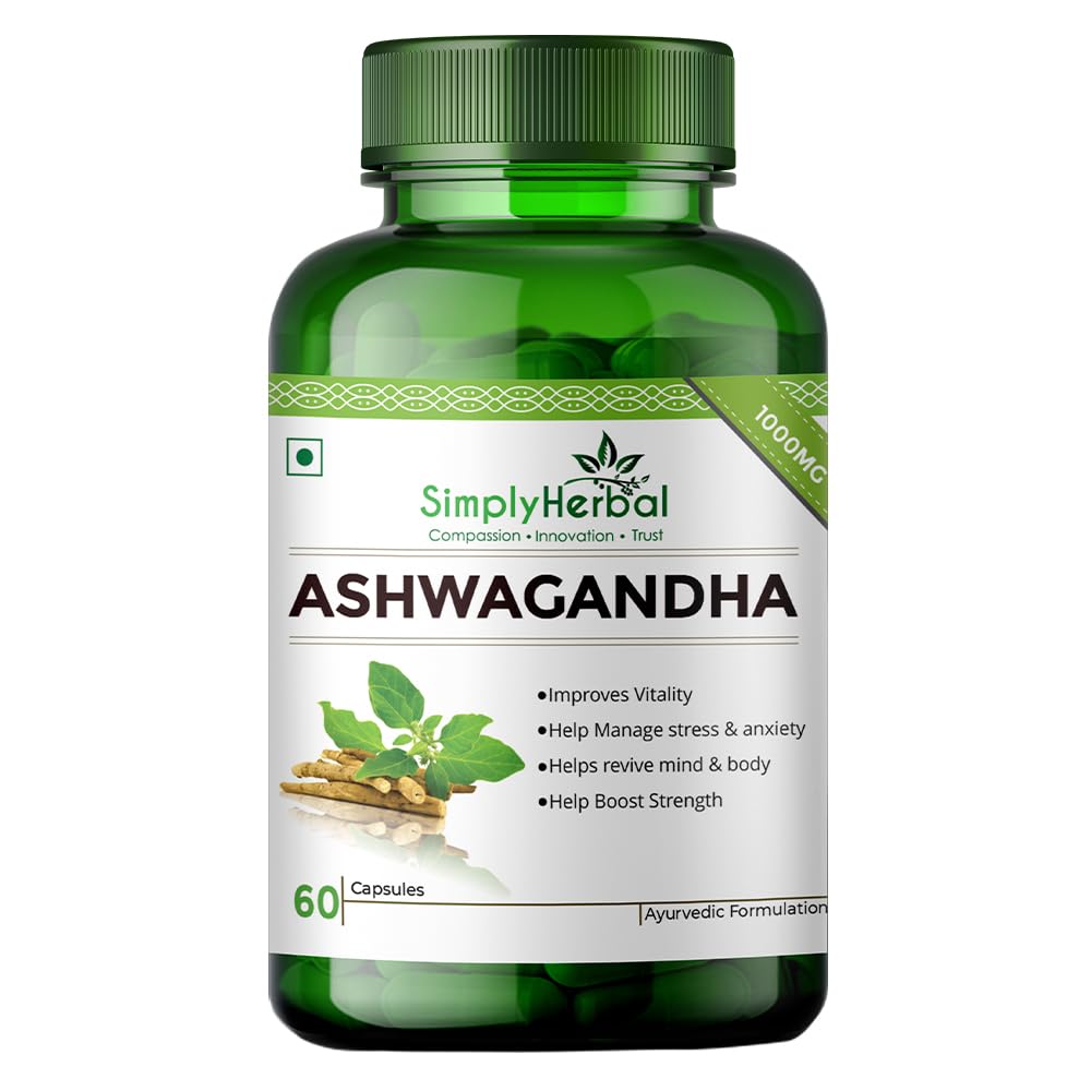 Simply Herbal Ashwagandha General Wellness, Vitality, Manage Stress & Anxiety 1000mg -60 Capsules