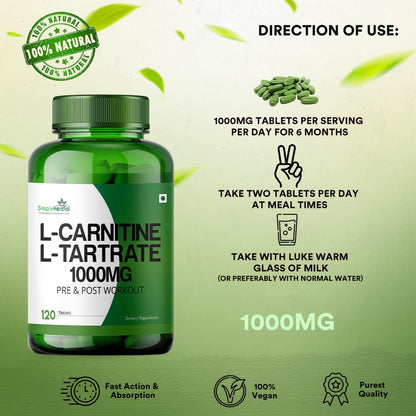 Simply Herbal L-Carnitine With L-Tartrate 1000mg Pre & Post Workout - 120 Tablets