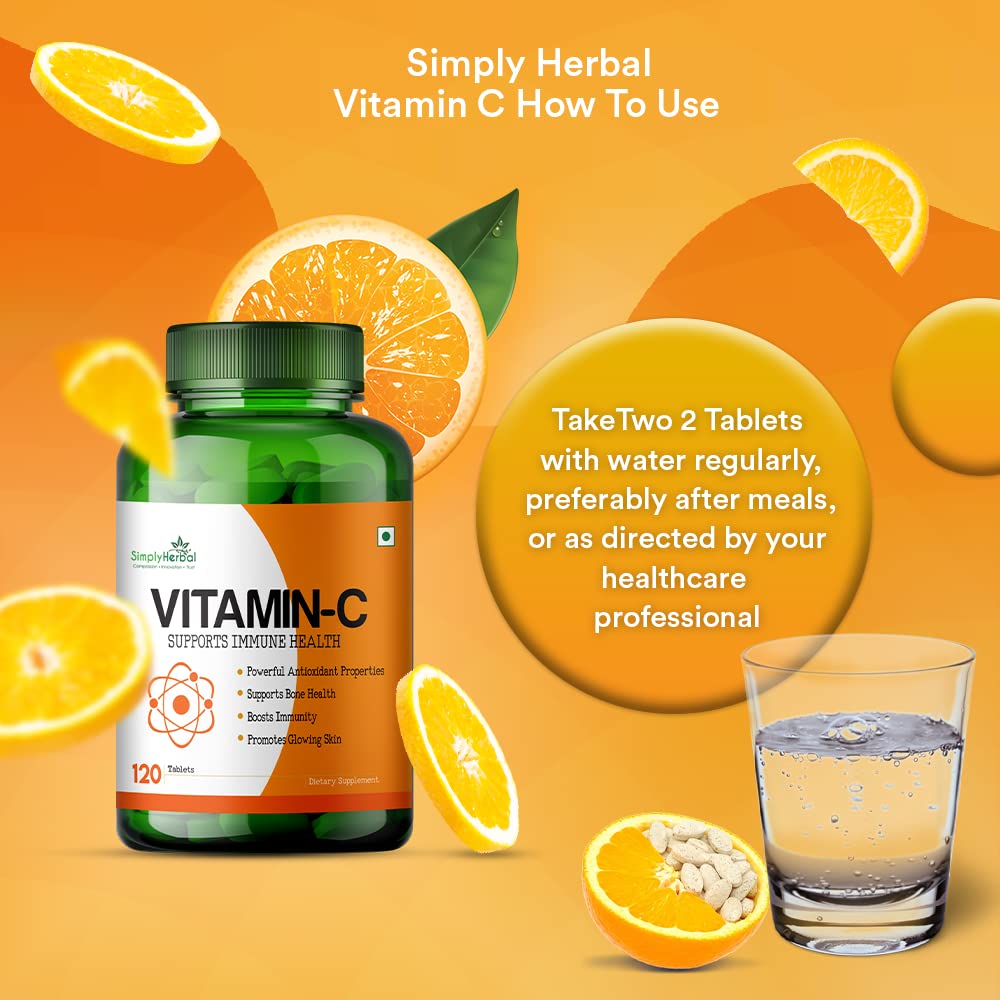 Simply Herbal Vitamin-C for Glowing Skin, Bone & Immune Health 1000mg - 120 Tablets