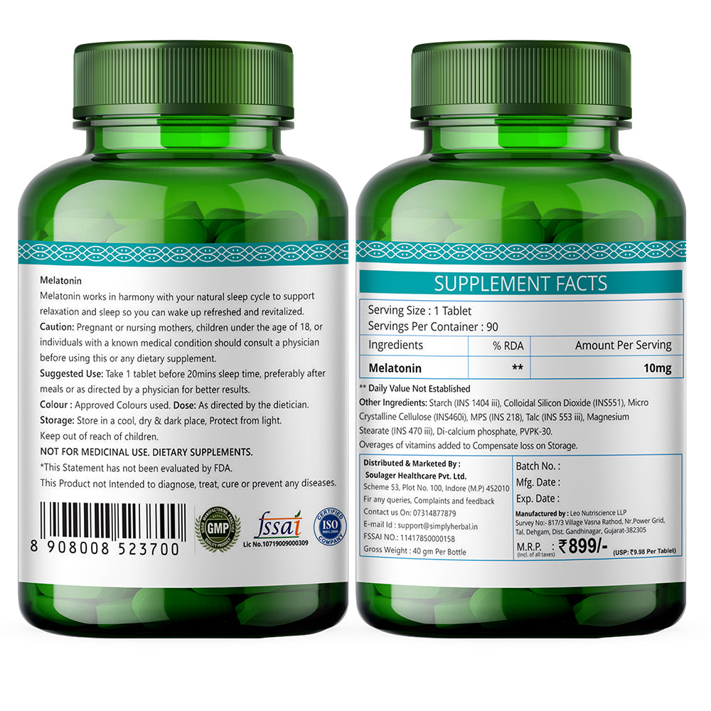 Simply Herbal Melatonin 10mg Sleeping Aid Healthy Sleep Cycle-90 Tablets