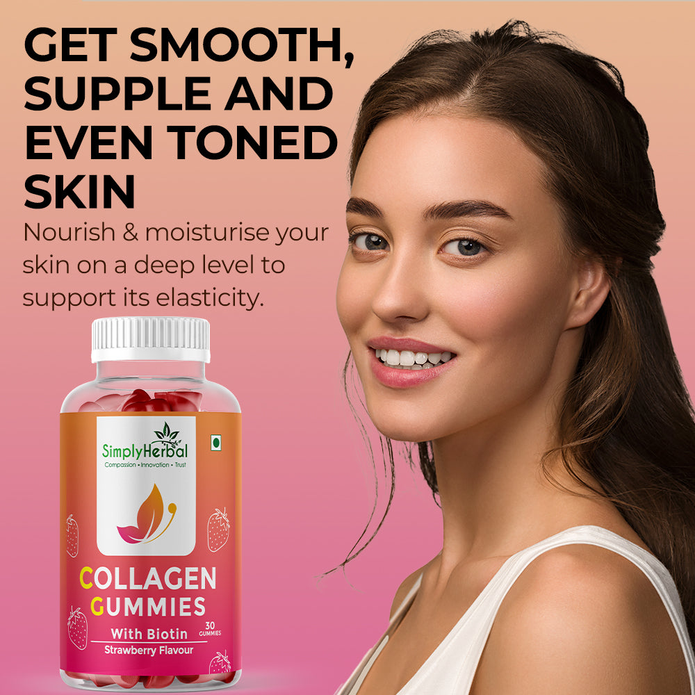 Simply Herbal Skin Collagen Gummies with Biotin | Strawberry Flavour for Women & Men - 30 Gummies