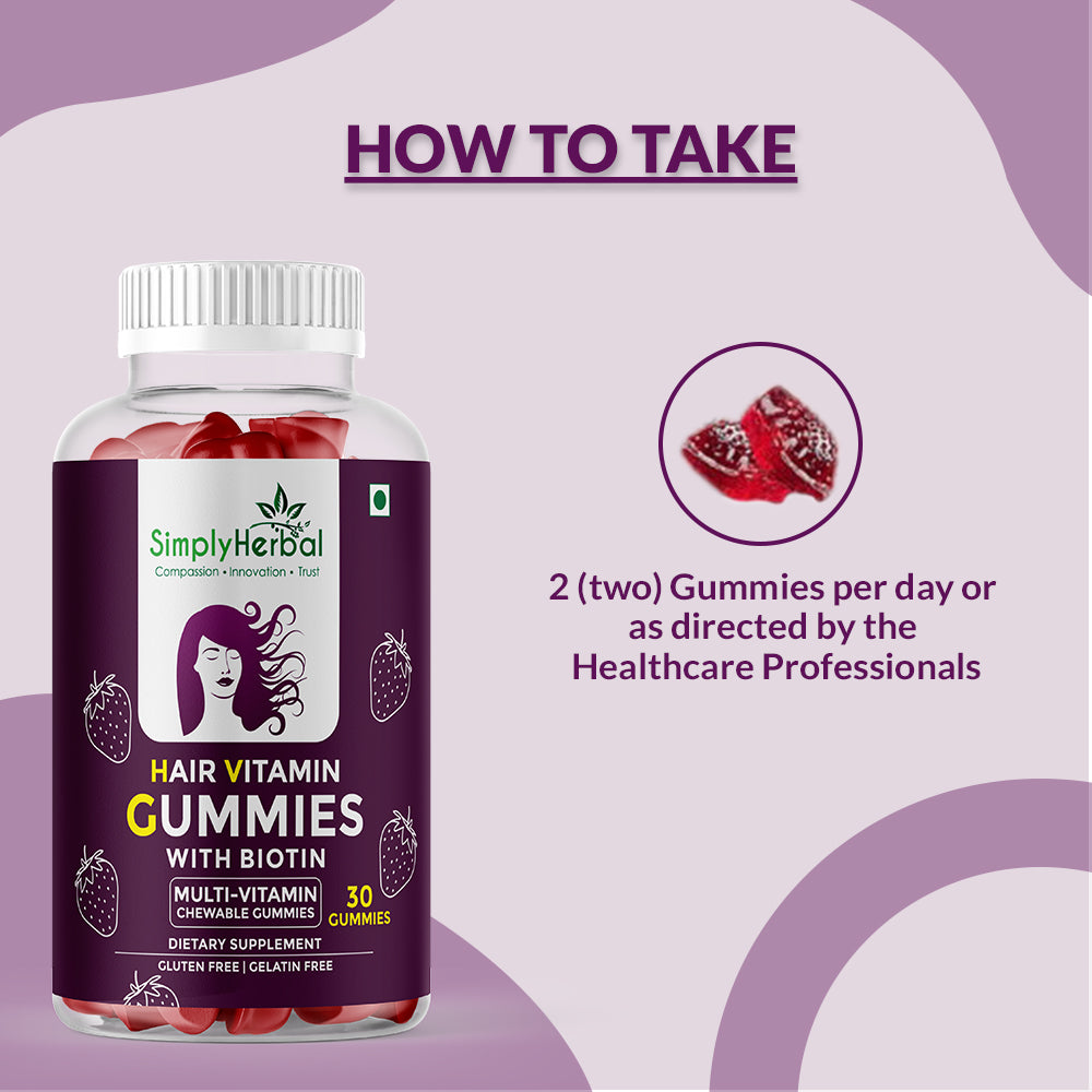 Simply Herbal Hair Vitamin Gummies with Biotin, Keratin & Vitamin A, C, D, E, B5, B6, B12 -30 Gummies