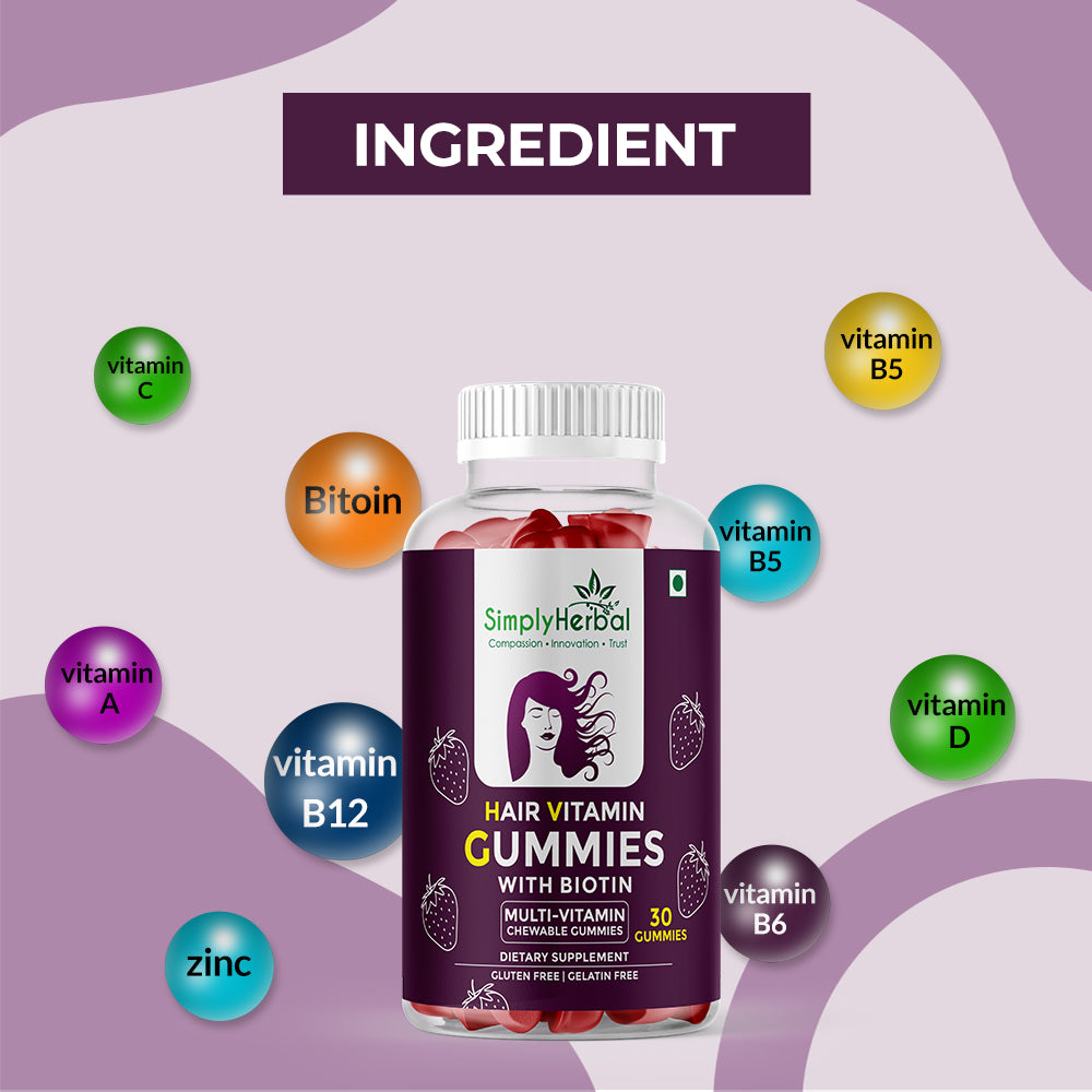 Simply Herbal Hair Vitamin Gummies with Biotin, Keratin & Vitamin A, C, D, E, B5, B6, B12 -30 Gummies