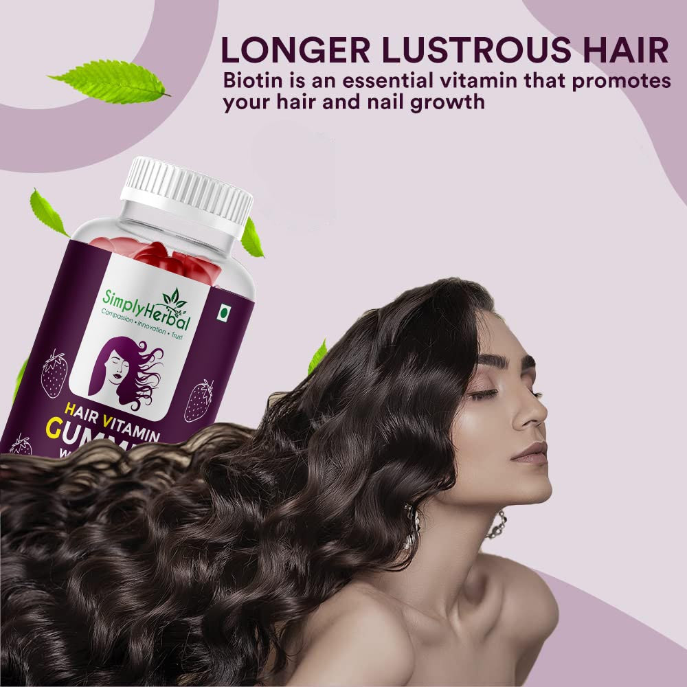 Simply Herbal Hair Vitamin Gummies with Biotin, Keratin & Vitamin A, C, D, E, B5, B6, B12 -30 Gummies