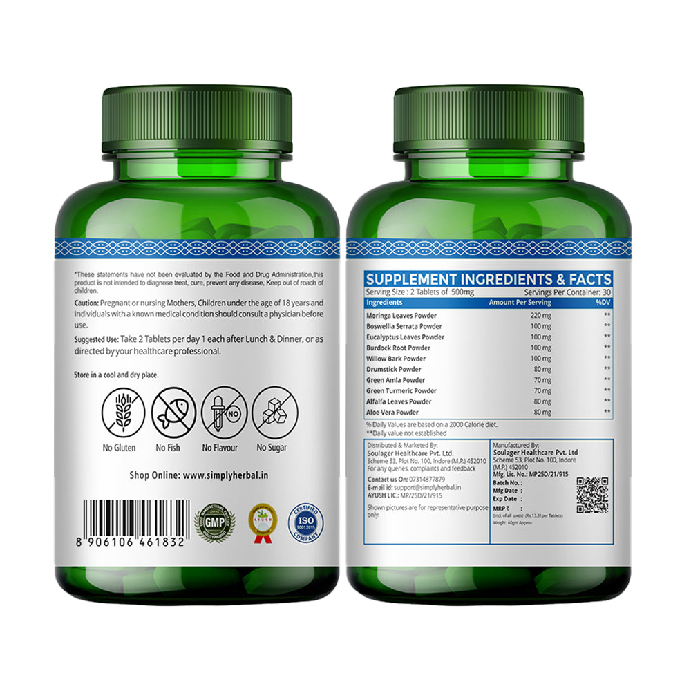 Simply Herbal Plant-Based Joint Care with Moringa, Boswellia Serrata & Aloevera 1000mg -60 Tablets