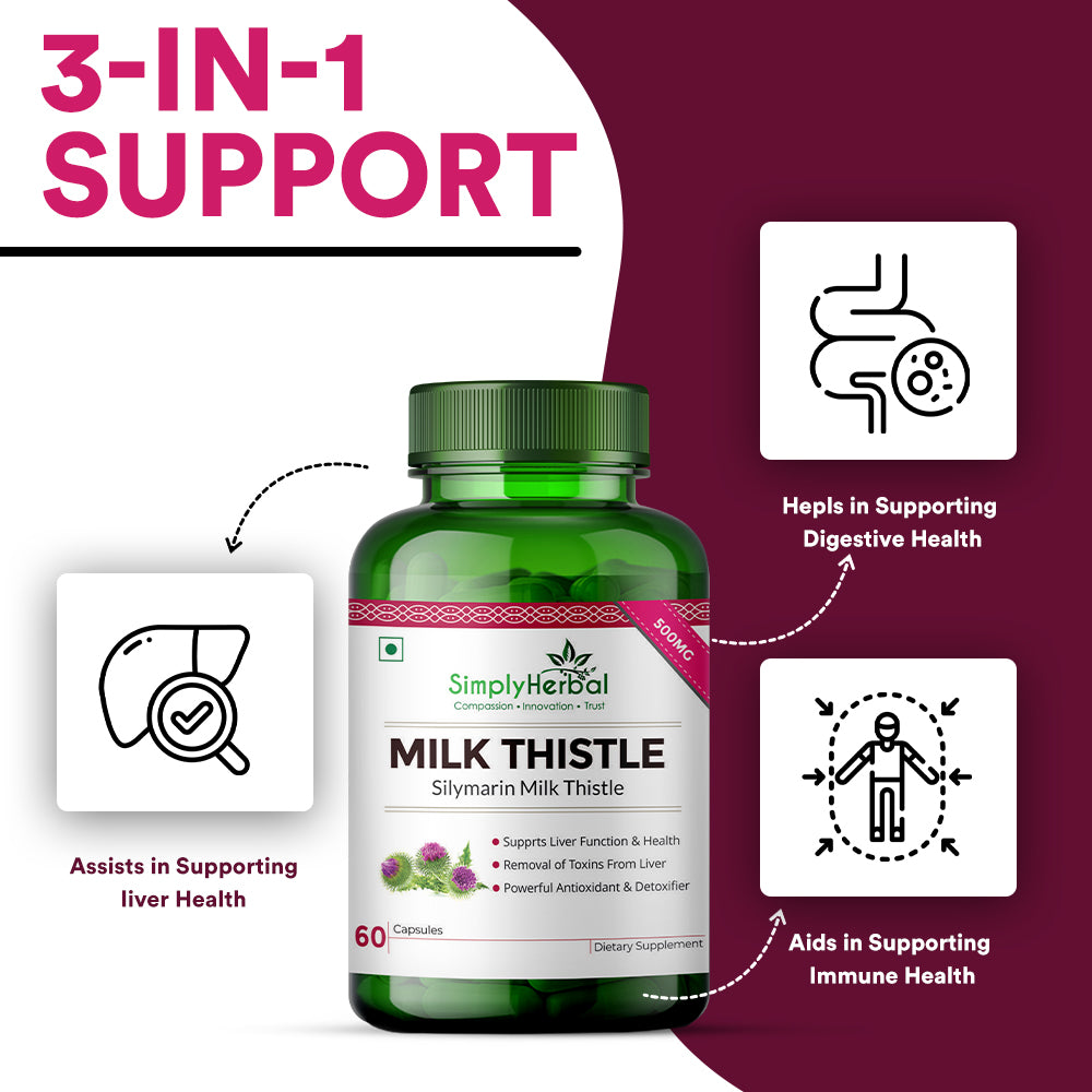 Simply Herbal Milk Thistle (Silymarin) Support Liver Health 500Mg - 60 Capsules