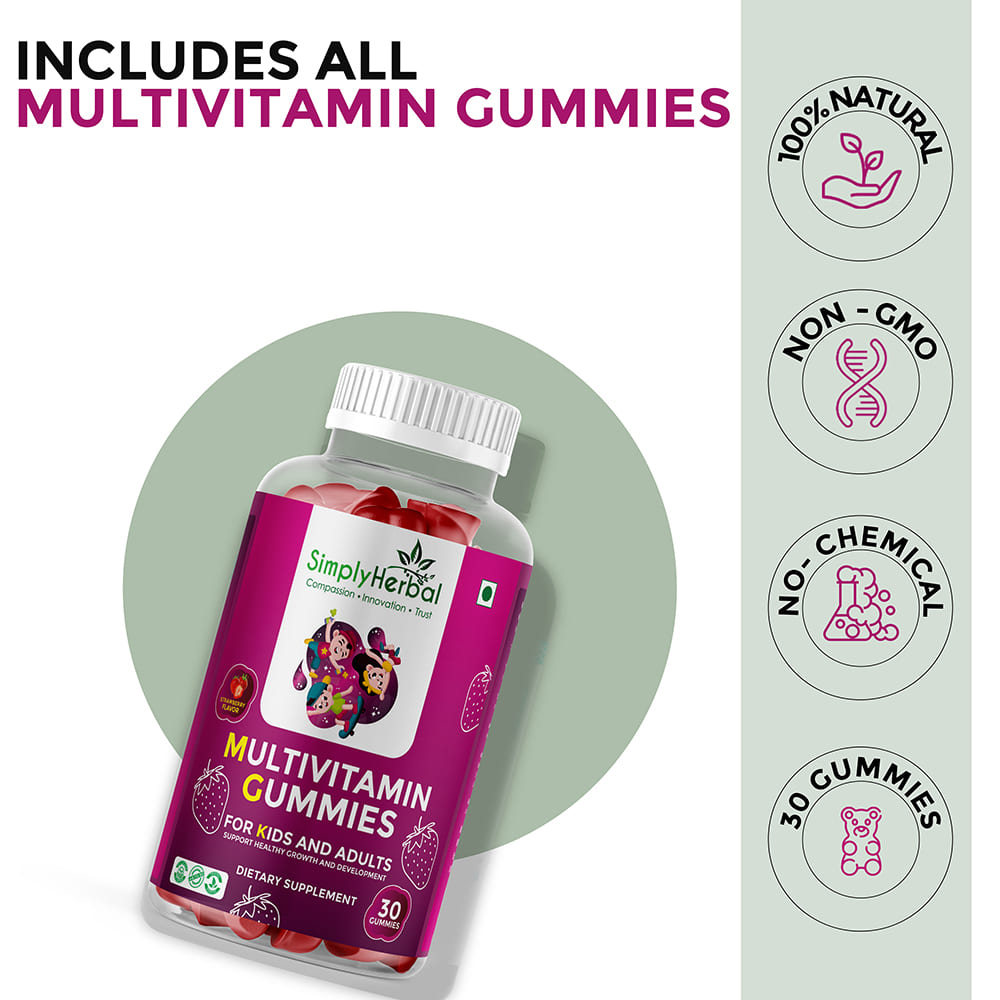 Simply Herbal Multivitamin Gummies With Calcium, Biotin, Vitamin A B C for Kids & Adults – 30 Count