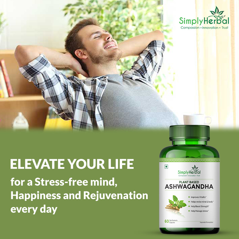 Simply Herbal Ashwagandha General Wellness, Vitality, Manage Stress & Anxiety 1000mg -60 Capsules