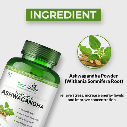 Simply Herbal Ashwagandha General Wellness, Vitality, Manage Stress & Anxiety 1000mg -60 Capsules