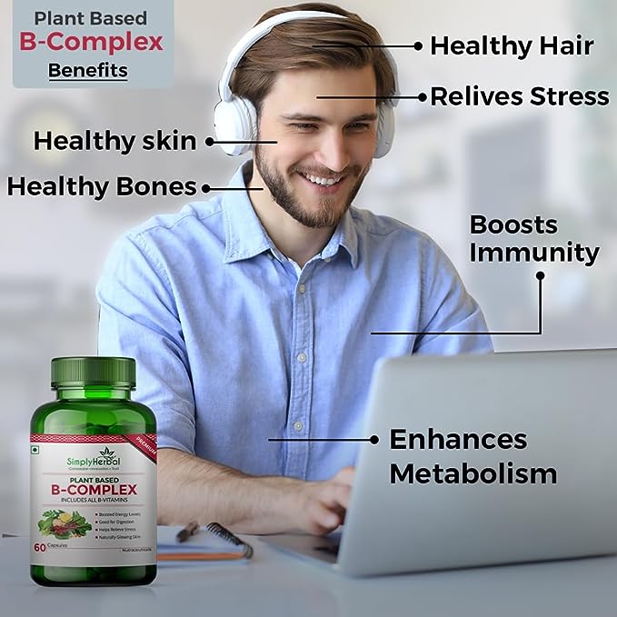 Simply Herbal Plant-Based Vitamin B Complex 100% RDA B1, B2, B3, B5, B6, B7, B9 & B12 - 60 Capsules