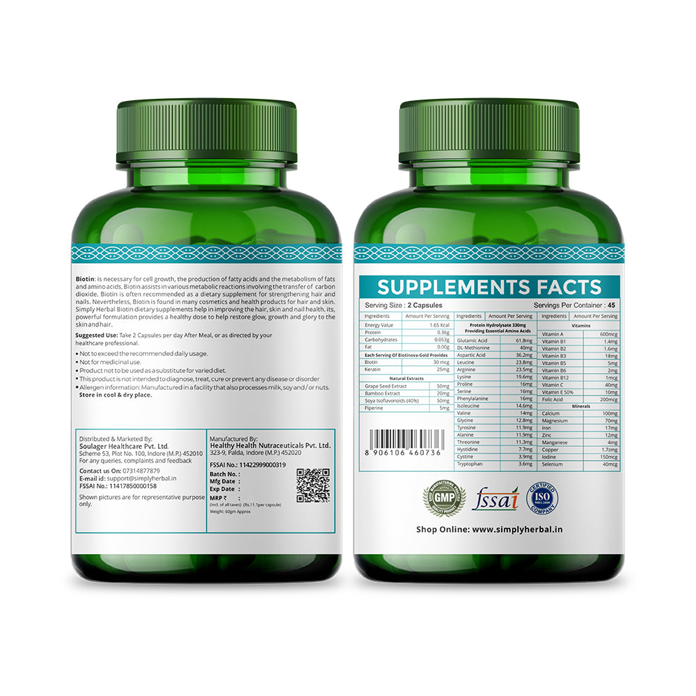 Simply Herbal Biotin With Keratin +Amino Acid +Natural Extract & Multivitamin -90 Capsules