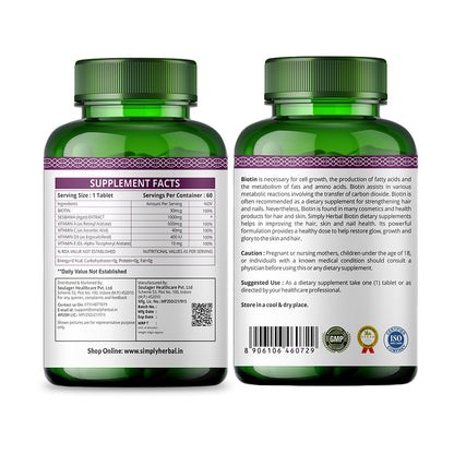 Simply Herbal Plant-Based Biotin With Keratin+Calcium for Hair Nail Skin -60 Tablets