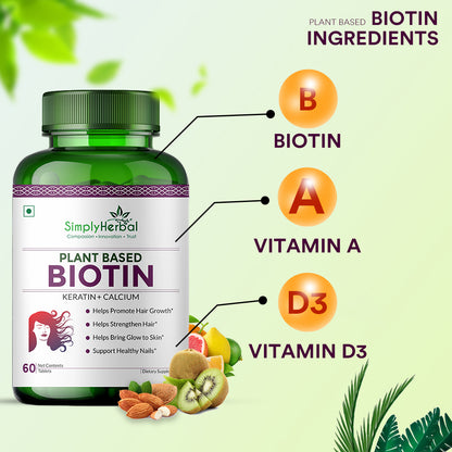 Simply Herbal Plant-Based Biotin With Keratin+Calcium for Hair Nail Skin -60 Tablets