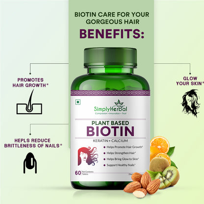 Simply Herbal Plant-Based Biotin With Keratin+Calcium for Hair Nail Skin -60 Tablets