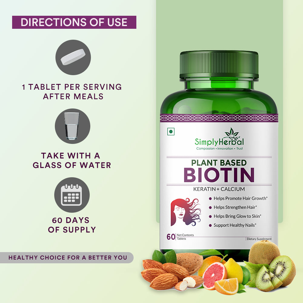 Simply Herbal Plant-Based Biotin With Keratin+Calcium for Hair Nail Skin -60 Tablets