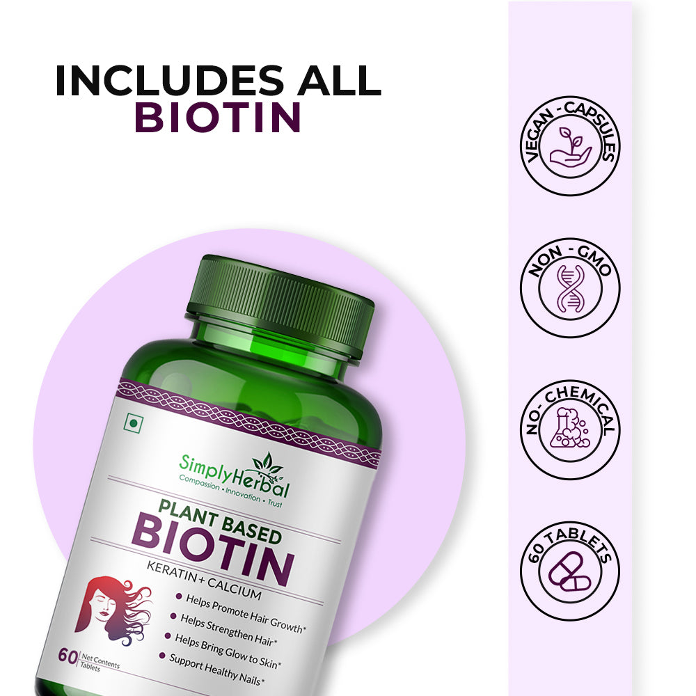 Simply Herbal Plant-Based Biotin With Keratin+Calcium for Hair Nail Skin -60 Tablets