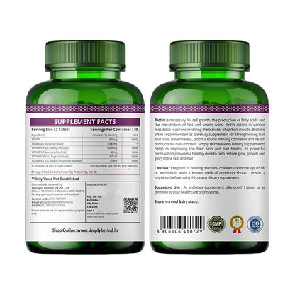 Simply Herbal Plant-Based Biotin With Keratin+Calcium for Hair Nail Skin -60 Tablets