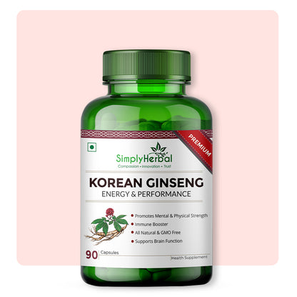 Simply Herbal Korean Red Ginseng For Brain Function, Energy & Performance 500mg -90 Capsules