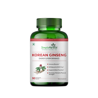 Simply Herbal Korean Red Ginseng For Brain Function, Energy & Performance 500mg -90 Capsules