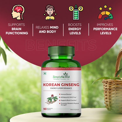 Simply Herbal Korean Red Ginseng For Brain Function, Energy & Performance 500mg -90 Capsules