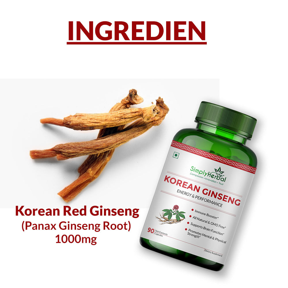 Simply Herbal Korean Red Ginseng For Brain Function, Energy & Performance 500mg -90 Capsules