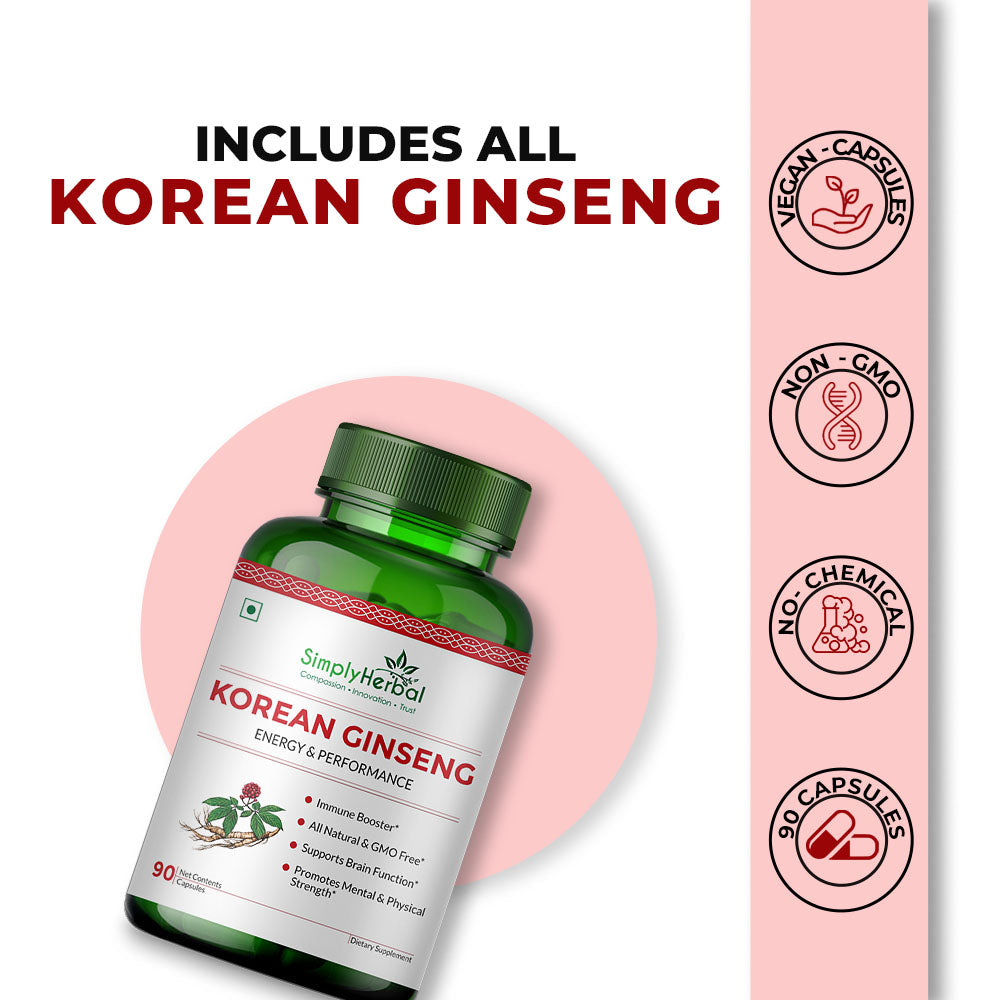 Simply Herbal Korean Red Ginseng For Brain Function, Energy & Performance 500mg -90 Capsules