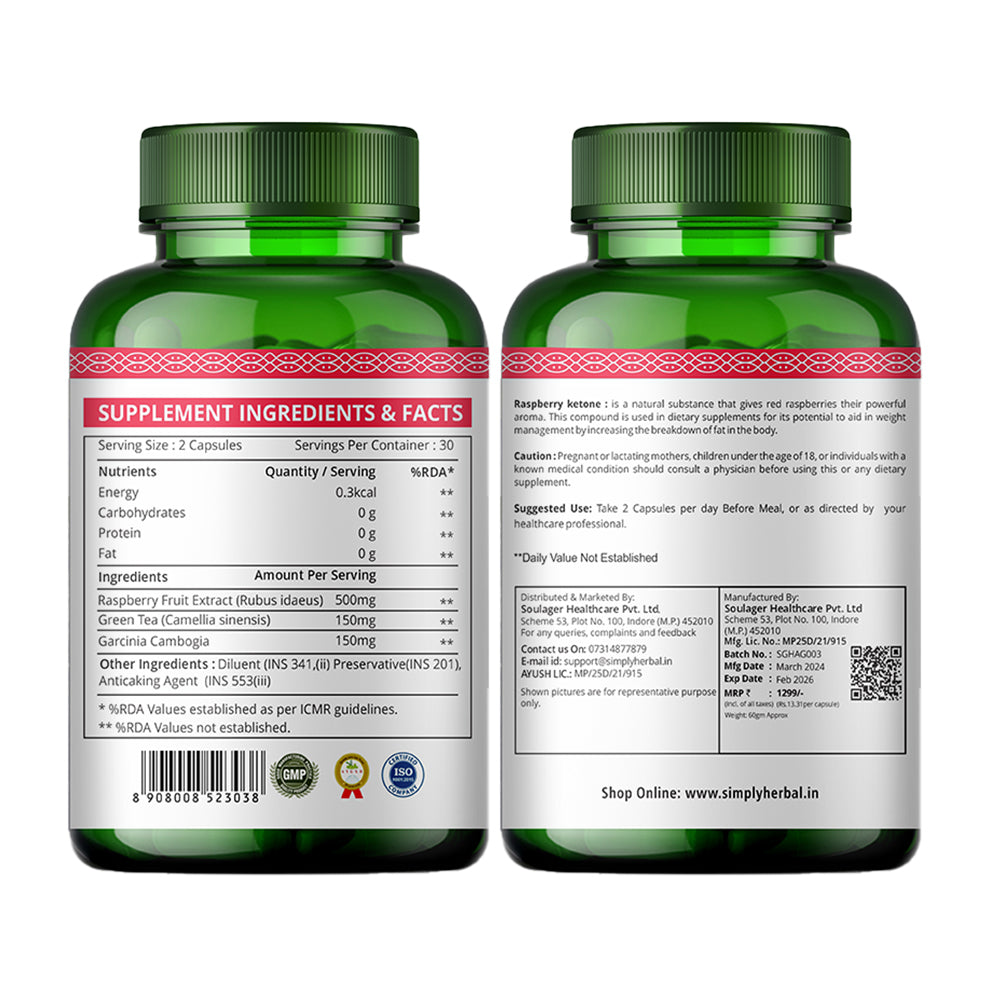 Simply Herbal Raspberry Ketone with Green Tea & Garcinia Cambogia 800Mg - 60 Capsules