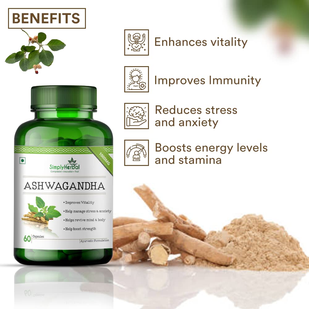 Simply Herbal Ashwagandha General Wellness, Vitality, Manage Stress & Anxiety 1000mg -60 Capsules