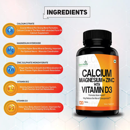 Simply Herbal Calcium Magnesium Zinc Vitamin D3 With Vitamin B12 -120 Tablets
