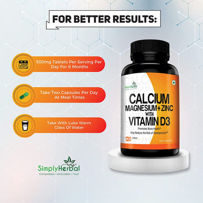 Simply Herbal Calcium Magnesium Zinc Vitamin D3 With Vitamin B12 -120 Tablets