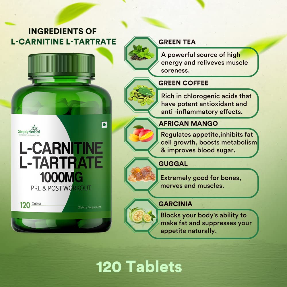 Simply Herbal L-Carnitine With L-Tartrate 1000mg Pre & Post Workout - 120 Tablets