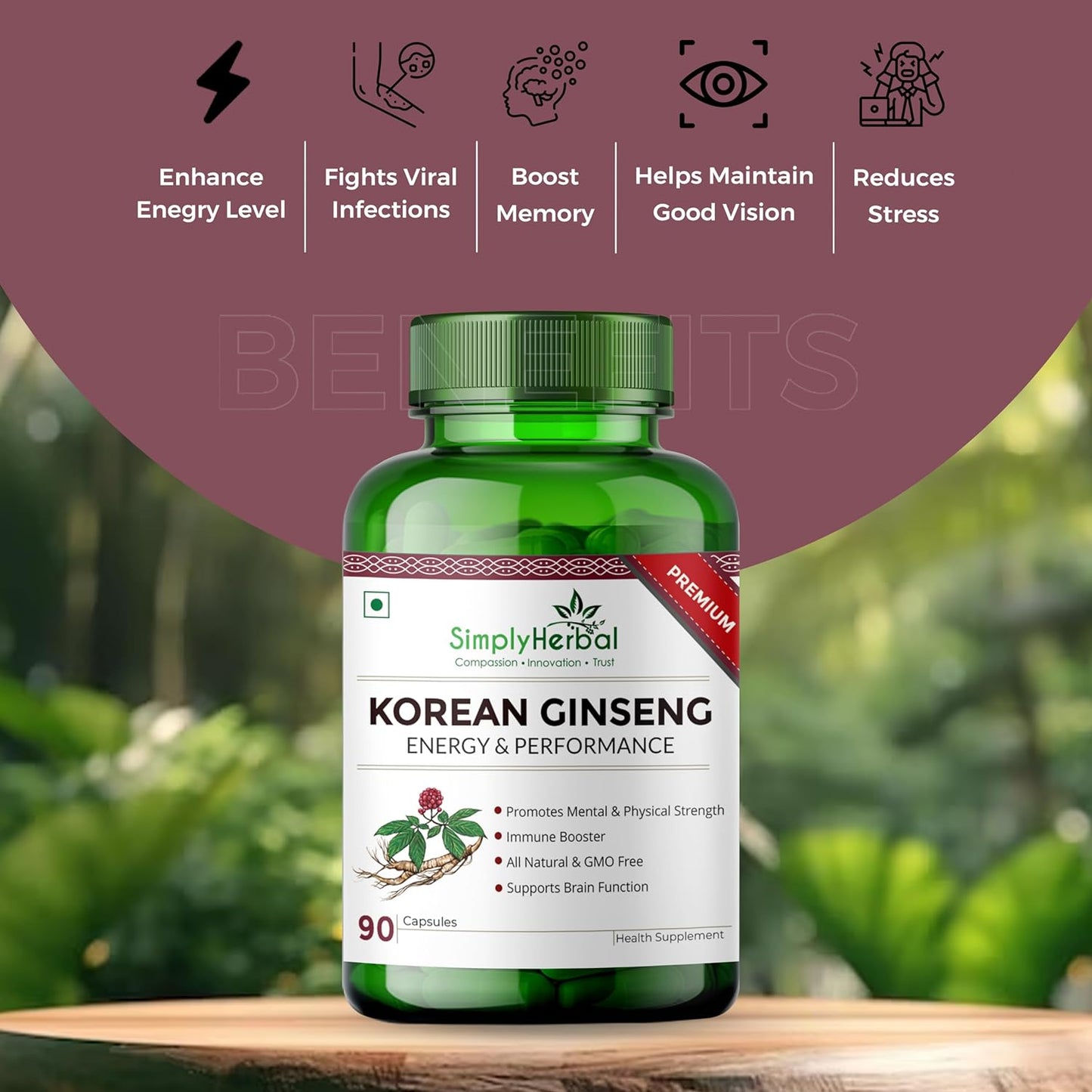 Simply Herbal Korean Red Ginseng For Brain Function, Energy & Performance 500mg -90 Capsules