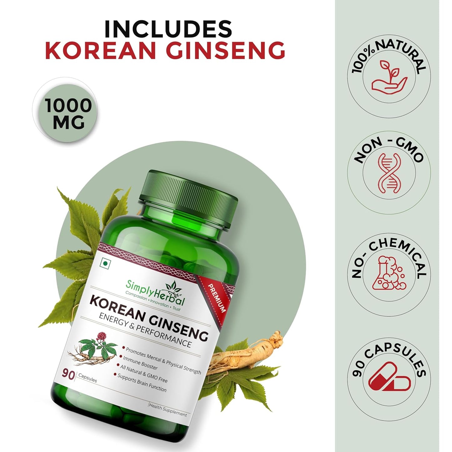 Simply Herbal Korean Red Ginseng For Brain Function, Energy & Performance 500mg -90 Capsules